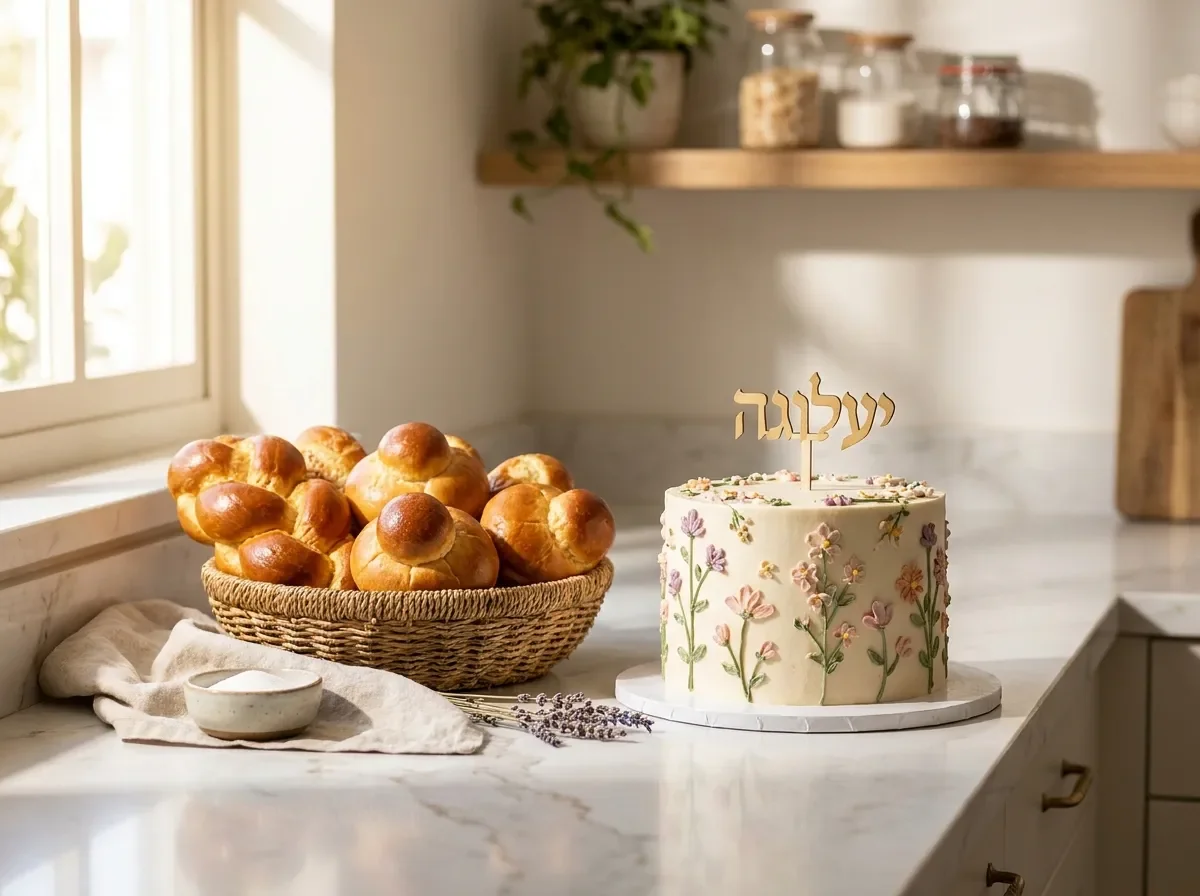 עוגה מעוצבת ומאפי שמרים על משטח שיש